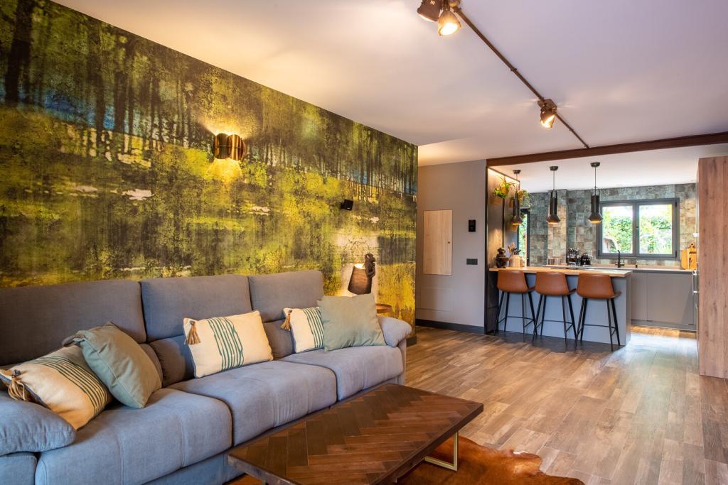 Living room with industrial style decoration and warm light application